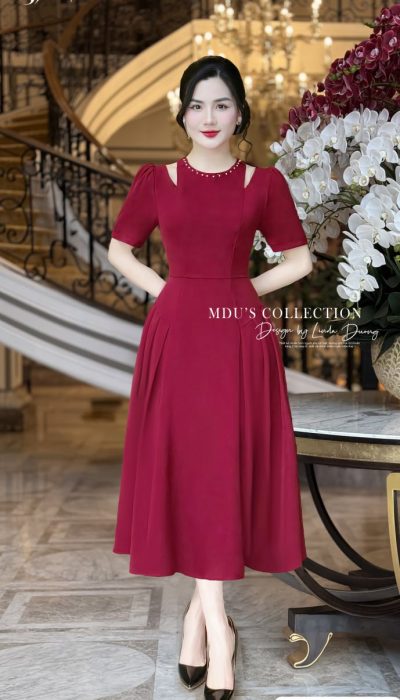 BOLDLY ELEGANT – BURGUNDY PEARL EMBELLISHED DRESS | MDU4662