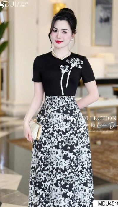 FLORAL ELEGANCE – BLACK & WHITE FLORAL DRESS | MDU4519