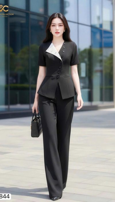 ✨ NOIR ÉLAN – ASYMMETRICAL BLAZER & WIDE-LEG PANTS SET | DS6844