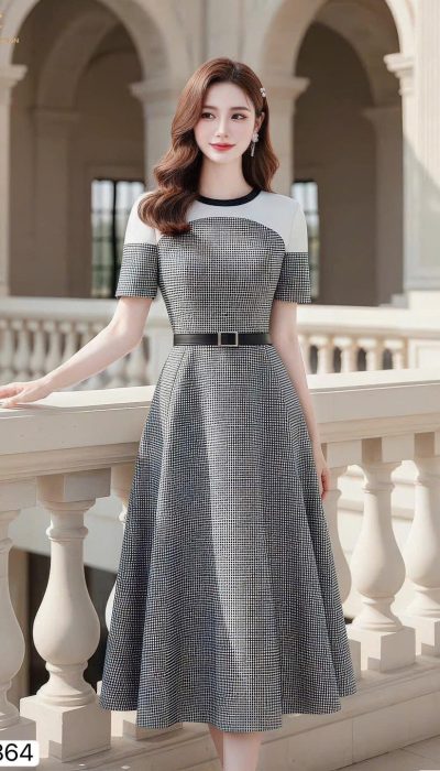 ✨ MONO CHIC – BLACK & WHITE CLASSIC FLARE DRESS | DS6864