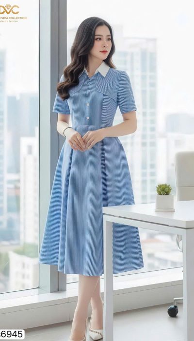 ✨ BLEU SÉRÉNITÉ – NAVY STRIPE ELEGANCE DRESS | DS6945