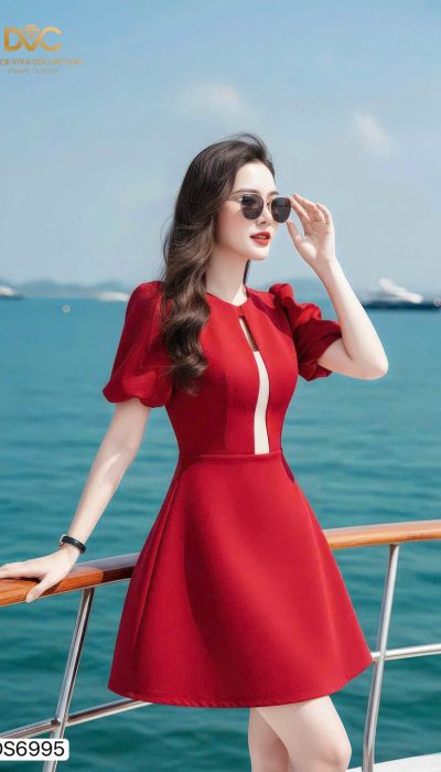 ✨ SCARLET POISE – ELEGANT CUT-OUT FLARE DRESS | DS6995