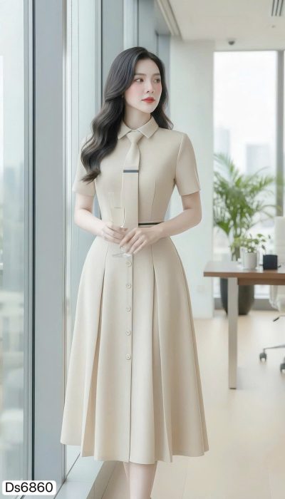 ✨ CRÈME DOUCE – CLASSIC TIE-COLLAR FLARE DRESS | DS6860