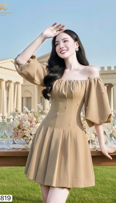🌷 DS6819 – OFF-SHOULDER BROWN DRESS | ELEGANT & ALLURING