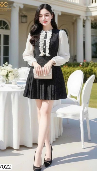 ✨ DS7022 – ELEGANT TEXTURED WOOL DRESS SET WITH ORGANZA SLEEVES ✨