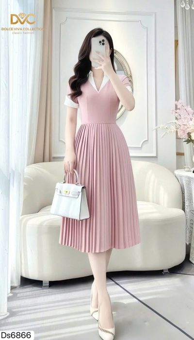 DS6866 - PASTEL PLEATED ELEGANCE | Shirt-Collar Pleated Midi Dress 🌷