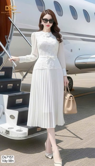 DS7151 - PURE PEARL ELEGANCE | Refined Long-Sleeve Lace-Collar Dress ✨