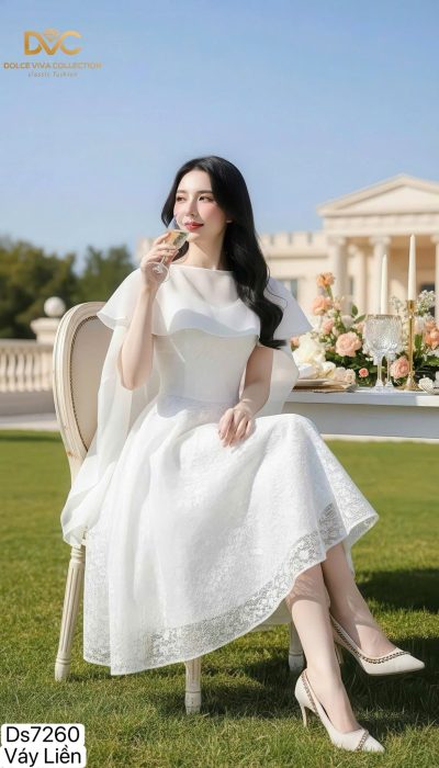 ETHEREAL CAPE ELEGANCE – White Lace Cape Dress | DS7260 ✨