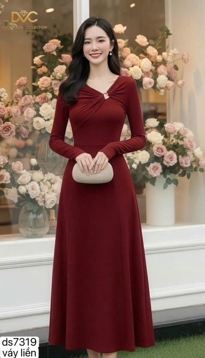 DS7319 - RUBY LUXE DRESS | Crystal-Embellished Twist-Neck Red Flare Dress ✨