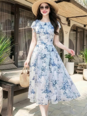The Azure Floral Silk Dreamscape Gown - DS7804